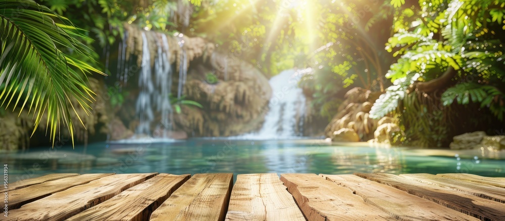 Poster wooden table with a blurred tropical waterfall backdrop in summer creating a perfect copy space imag