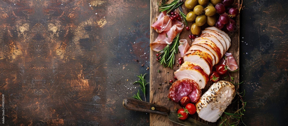 Aufkleber Rustic top view copy space image of a fresh natural appetizer with chicken ham and cheese on a table