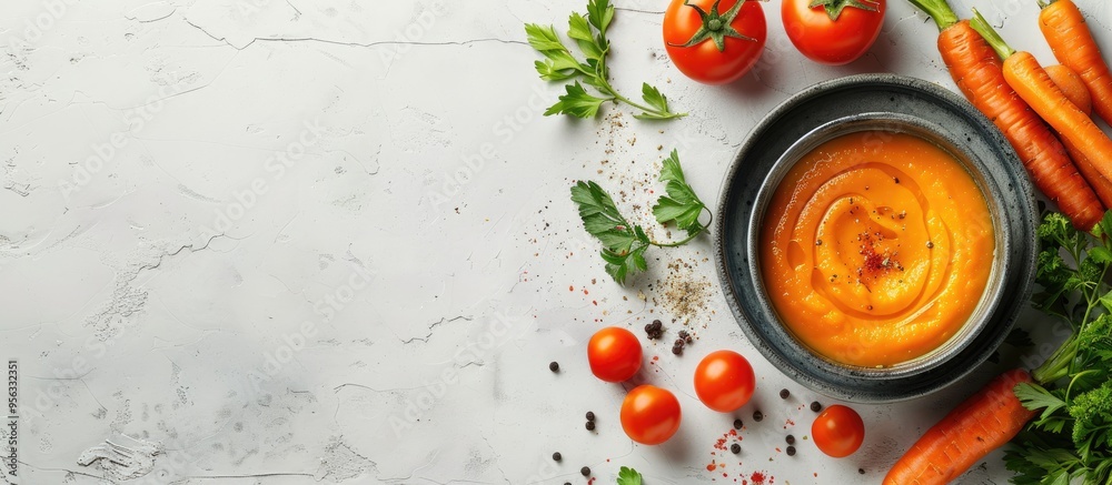 Aufkleber Top down view of carrot puree soup in a ceramic bowl with fresh carrots and tomatoes arranged on a white textured background creating a visually appealing composition with copy space for images