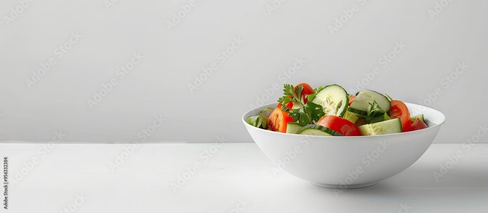 Sticker Fresh vegetable salad with tomato and cucumber in a bowl on white backdrop with copy space image