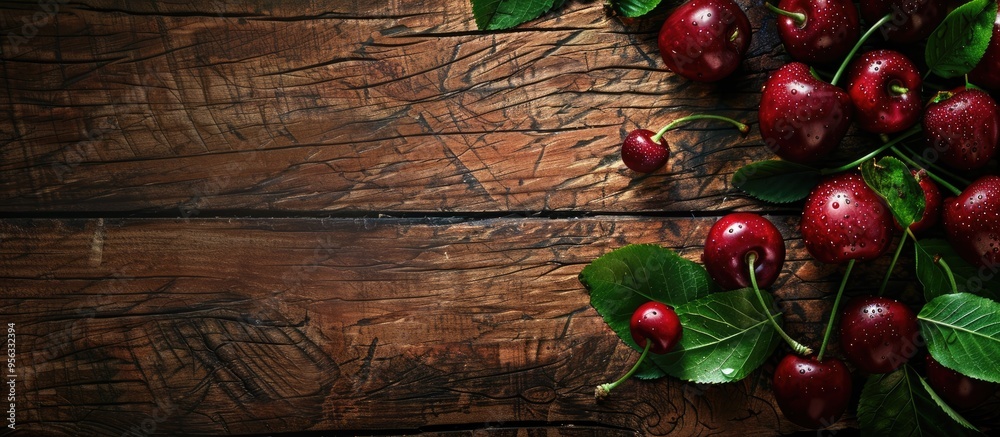 Poster Fresh ripe cherries with leaves displayed on a textured wooden surface creating a visually appealing copy space image for vegan and healthy eating messages