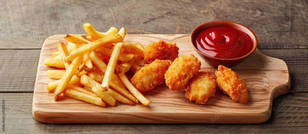 Poster Close up of a wooden board with a variety of appetizing fast food items like fries nuggets and sauces creating a visually appealing copy space image