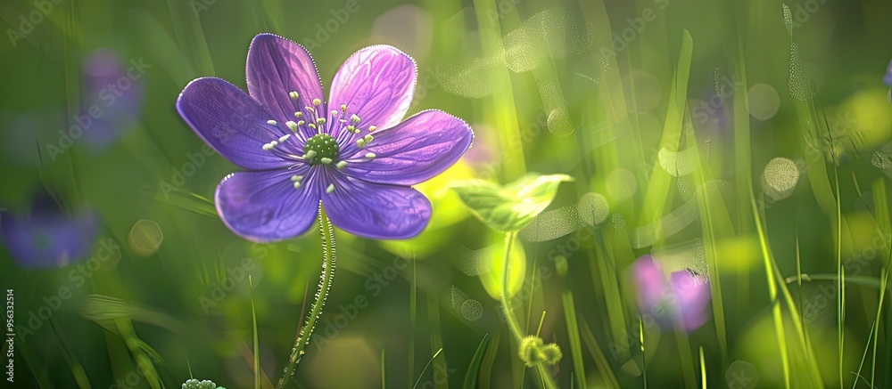 Poster A vibrant purple wildflower in full bloom is showcased in a close up image with a blurred green grass background highlighting its delicate petals and complex stamens. Creative banner. Copyspace image