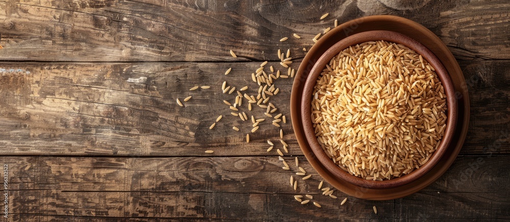 Aufkleber Top view of uncooked long grain brown rice in a bowl on a wooden surface with space for additional images