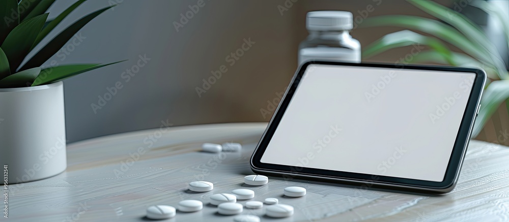 Leinwandbilder mockup of a digital tablet displayed on a doctor s table with medicines featuring a blank screen and