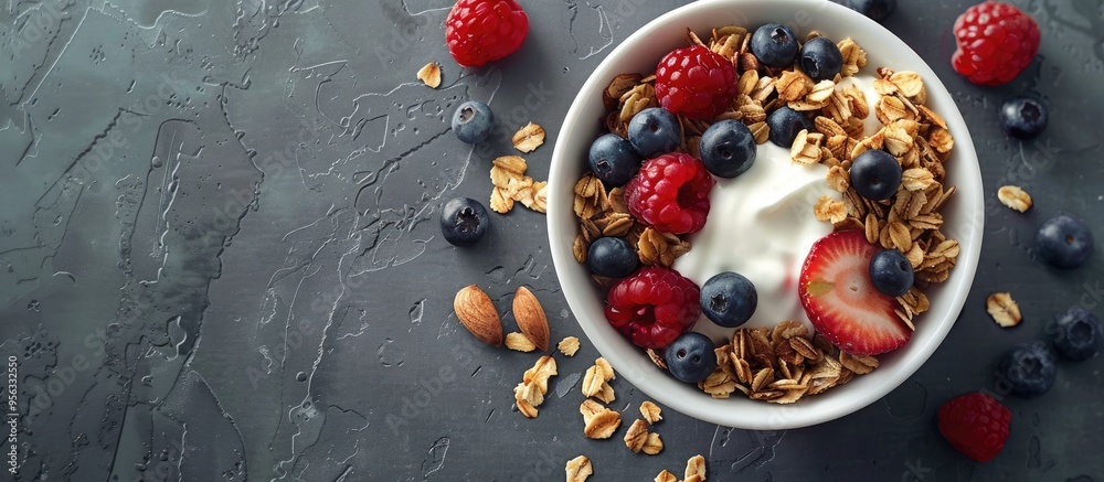 Poster a delicious bowl of granola with berries almonds and yogurt on a textured gray table in a flat lay c