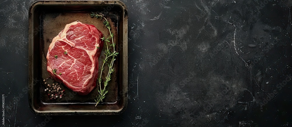 Poster Steak with thyme on a steel tray against a black background in a top view copy space image