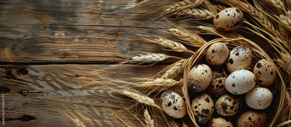 Aufkleber wooden background with a board displaying fresh quail eggs feathers and wheat allowing for copy spac