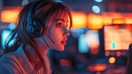 A young woman gamer illuminated by neon light, wearing headphones as she immerses herself in her gaming world.