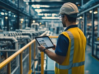 South European Worker in Modern Factory with iPad