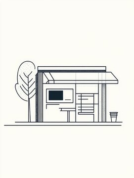 recommend clip art: Line art illustration depicting a contemporary computer and gadget store with a minimalist design