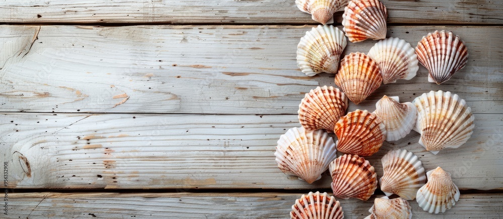Poster Scallops arranged on a wooden surface with a white backdrop seen from above offering a clear space for text or additional elements in the image
