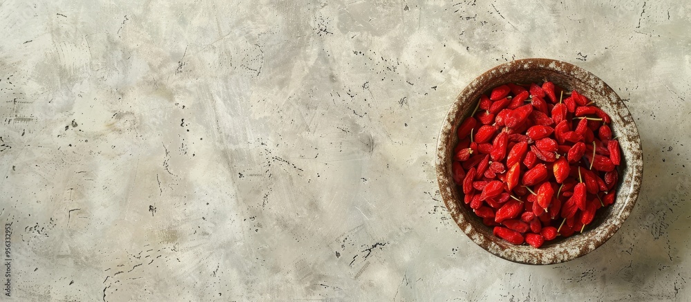 Fototapete top view of a bowl with dried goji berries on a light textured table creating copy space image