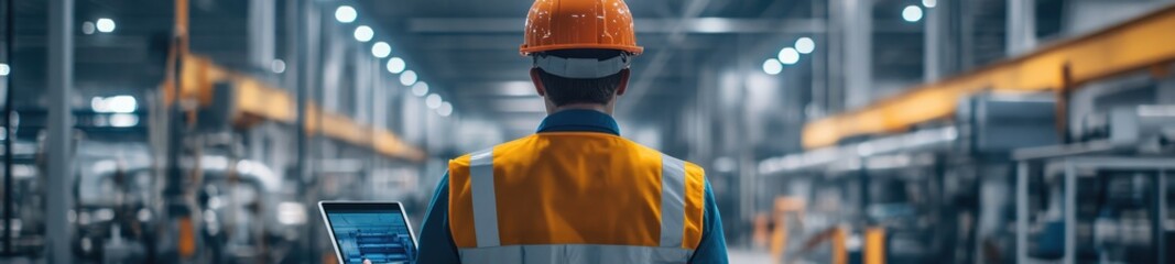 South European Worker in Modern Factory with iPad