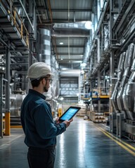 South European Worker in Modern Factory with iPad