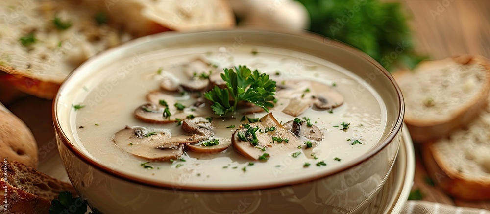 Poster Creamy mushroom soup with parsley garnish and bread slices on a table with a copy space image