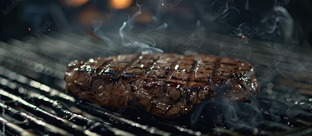 Aufkleber beef steak sizzling on a grill in a close up shot with ample copy space image available