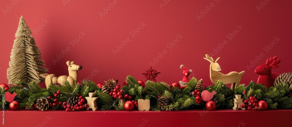 Poster festive display featuring wood toys garland and spruce set against a red backdrop with a prominent c