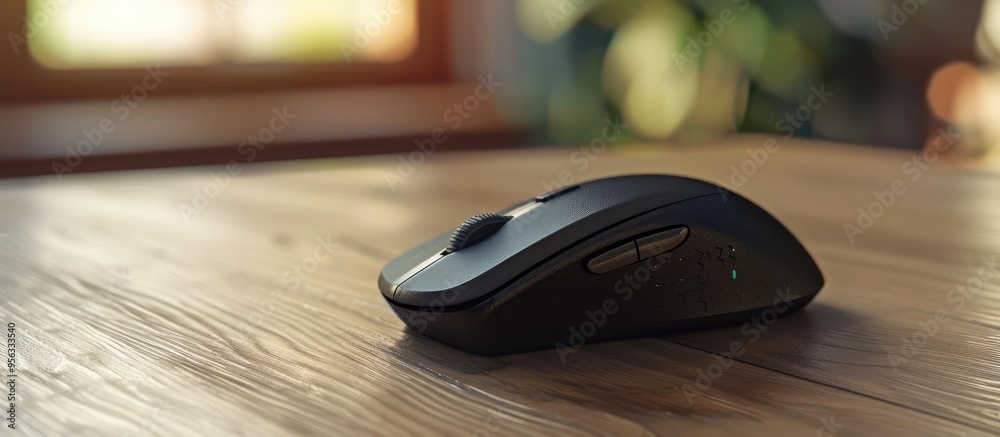 Poster close up of a wireless mouse on a lightly textured table with available copy space image