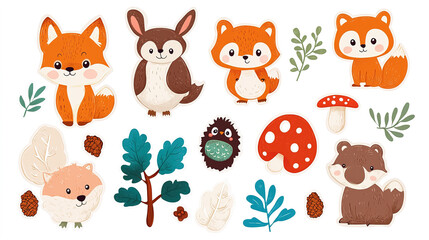 Fototapeta premium Cute animal sticker set: fox, bear, rabbit, owl, hedgehog, jungle theme on white.