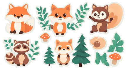 Fototapeta premium Playful fox, curious bear, rabbit, owl, hedgehog in jungle-themed stickers on white background.
