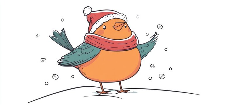 recommend clip art: Whimsical line art illustration of a cheerful cartoon robin celebrating Christmas
