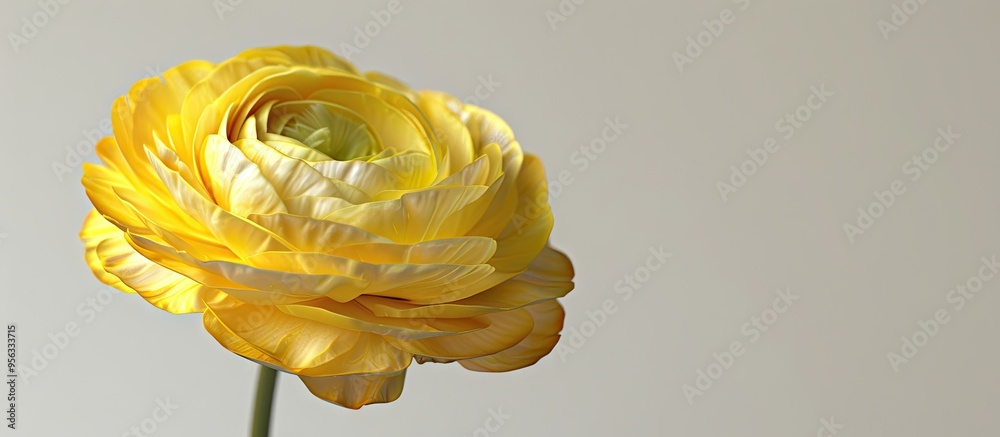 Poster close up of a caustic buttercup ranunculus acris with yellow spring blooms against a plain backgroun