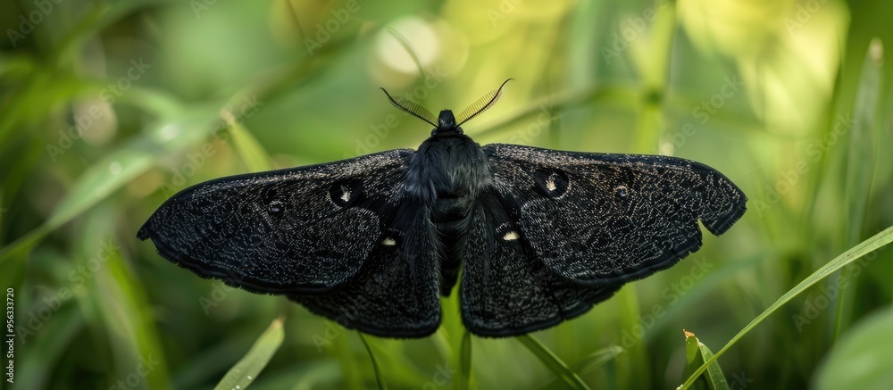 Poster a black moth odezia atrata perched on lush green grass with copy space image
