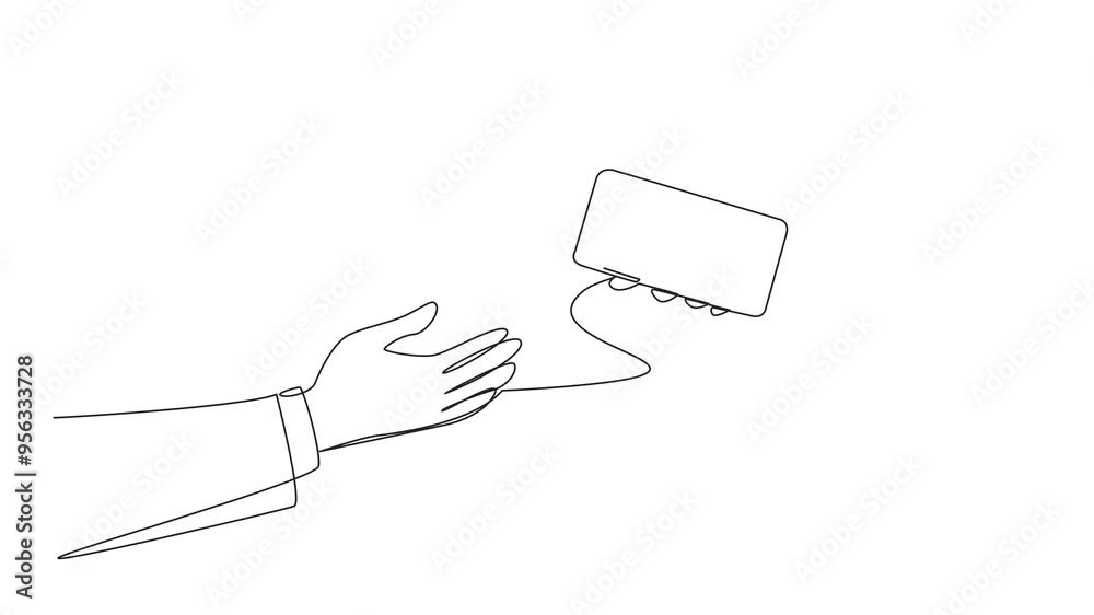 Sticker Self drawing animation of continuous one line drawing a businesswoman's hand gives handphone to colleague. Exchange telephone numbers. Establish relationships with new relations. Full length animated