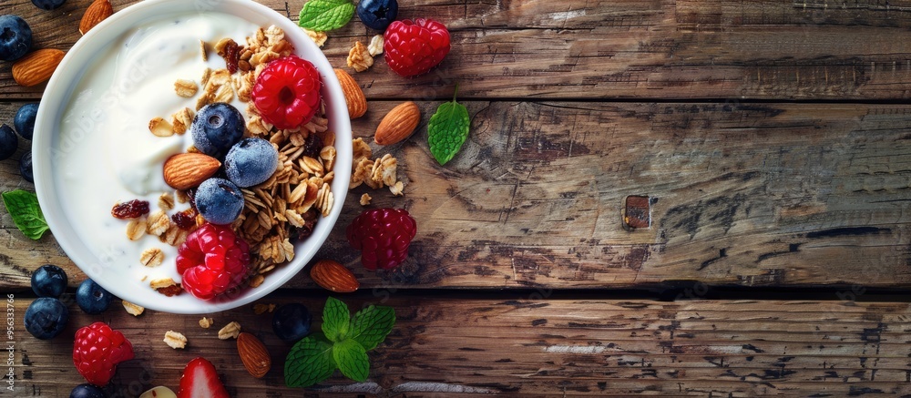 Poster top view of a delicious bowl with granola berries almonds and yogurt on a wooden table leaving room 