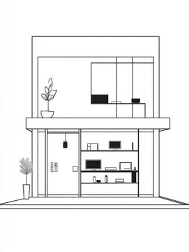 recommend clip art: Line art illustration depicting a contemporary computer and gadget store with a minimalist design