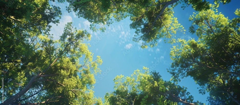 Aufkleber looking up through the treetops creates a natural copy space image as the greenery surrounds the cle