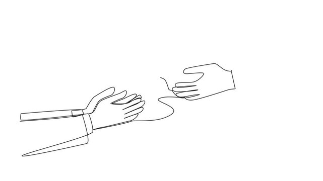 Animated self drawing of single continuous line drawing a hand handed a piggy bank to his partner. Check pension fund needs. Doing the best business to live comfortably. Full length animation