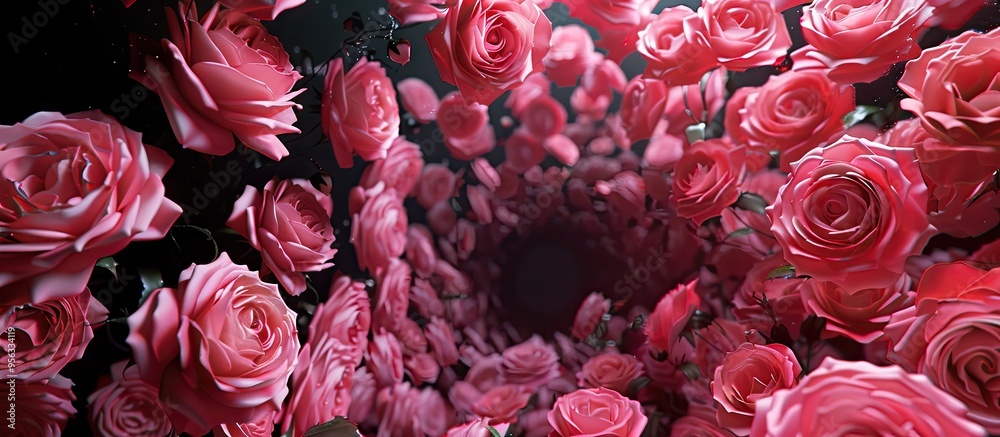 Poster A tunnel of pink roses set against a black backdrop creating an elegant display with copy space image
