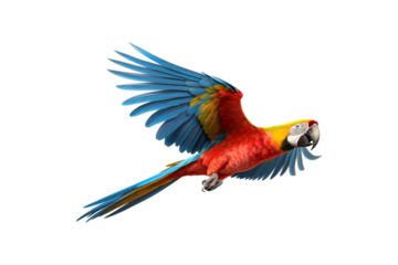 The image features a red scarlet macaw bird, its wings spread out. Suitable for website backgrounds or marketing materials for nature, wildlife, tropical themes, and bird enthusiasts