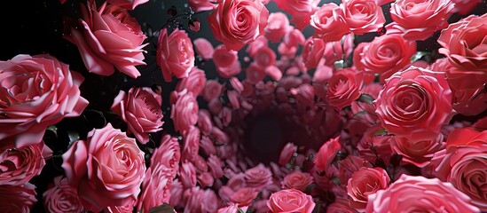 A tunnel of pink roses set against a black backdrop creating an elegant display with copy space...