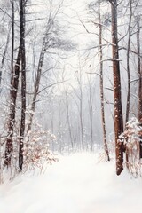 Obraz premium Oil painting depicting a snowy forest scene with blurred background showcasing winter trees and branches in a serene winter landscape