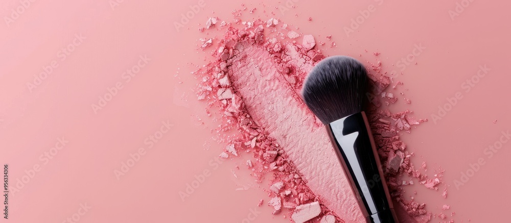 Aufkleber An elegant makeup brush is placed on a universal tone blush swatch against a pastel background creating a copy space image Top view showcases product design