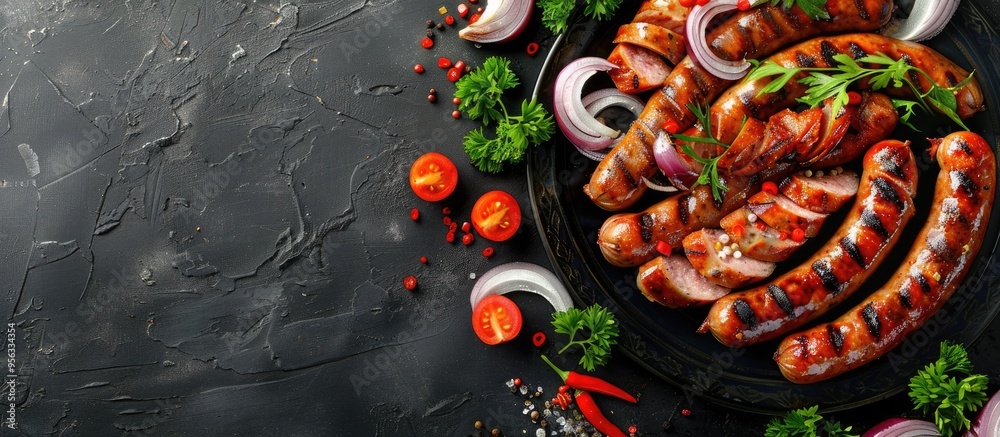 Poster Grilled sausages with onions viewed from the top with space for text or other elements in the image. Creative banner. Copyspace image