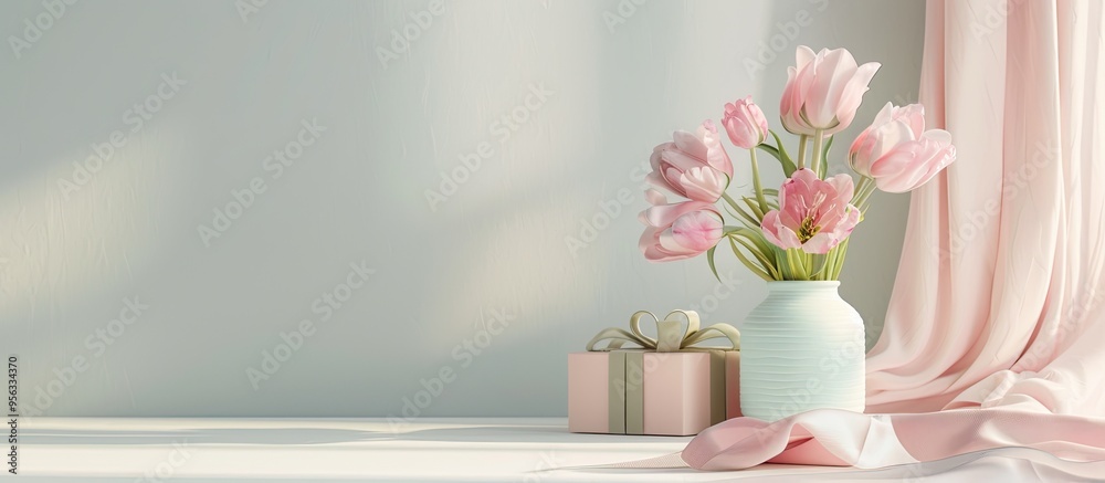 Poster Spring flowers decor and an elegantly wrapped gift box displayed on a light background with a copy space image