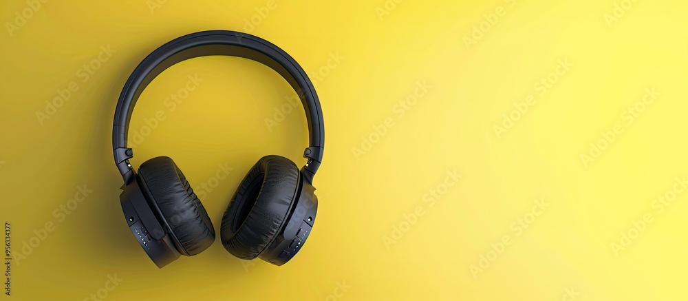 Aufkleber top view of headphones on a yellow backdrop with room for a copy space image