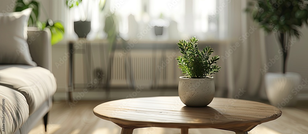 Poster soft focus modern scandinavian living room table top great for showcasing products and presentations