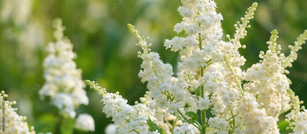 Poster white flowers of filipendula ulmaria growing in meadows or fields featuring a close up botanical sce