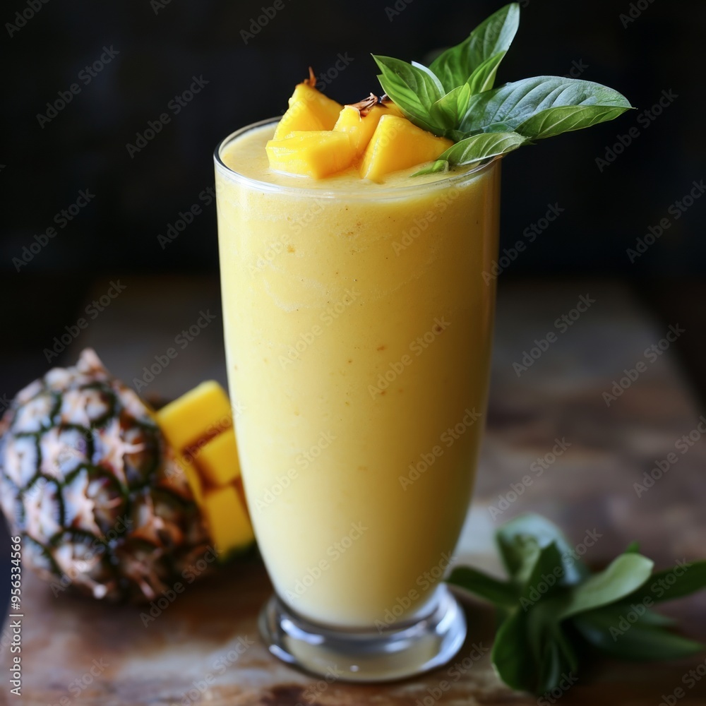 Sticker A refreshing mango smoothie in a tall glass with fresh mango, basil and pineapple slices.