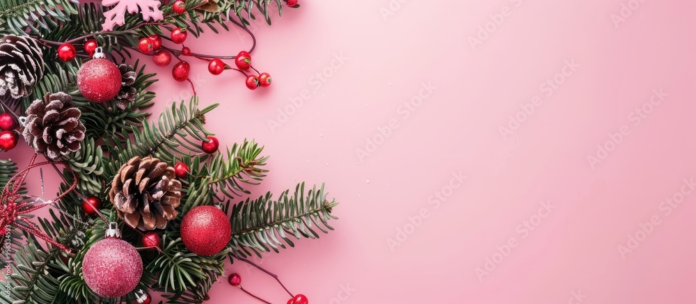 Leinwandbilder Top view of winter Christmas decorations on a pink background with empty space for text in a minimalist flat lay composition Photo with copy space image