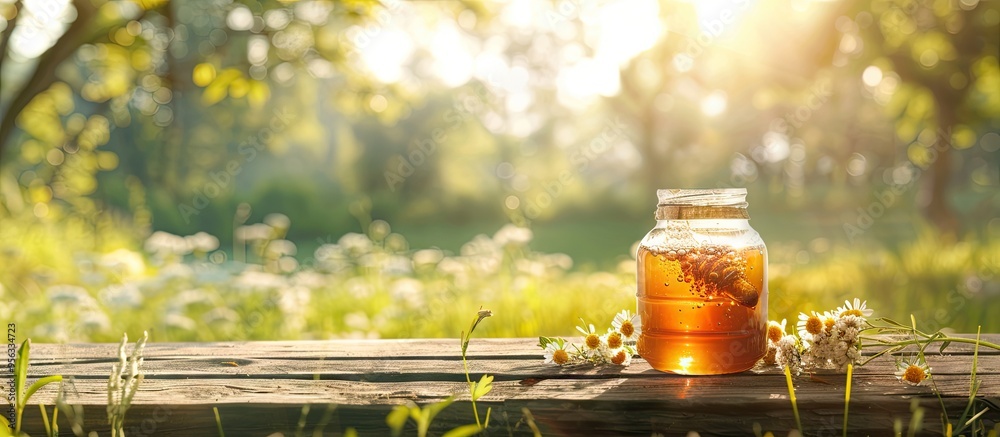 Poster A jar of honey sits on a wooden table in front of a blurred natural background of a green meadow filled with grass flowers and trees creating a backdrop for food drink and product presentations with