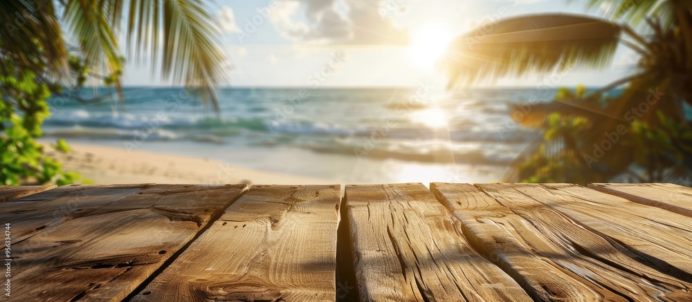 Poster wooden table featuring a sunny tropical beach background blurred to enhance focus ideal for showcasi