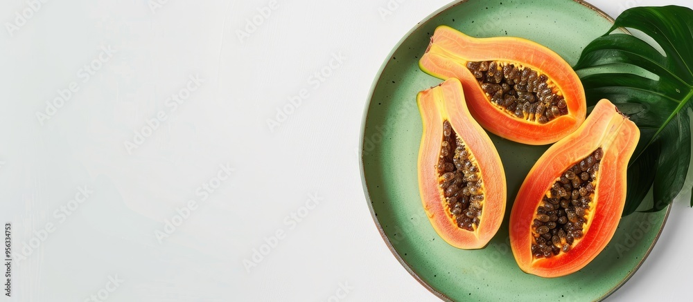 Poster freshly sliced papaya fruit on a green plate against a white backdrop with ample copy space image