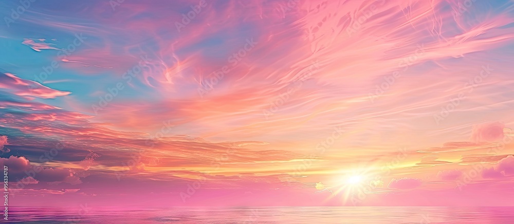 Leinwandbilder Scenic sunrise or sunset with gradient sunlight on a colorful romantic sky background creating a serene natural view with space for adding images. Creative banner. Copyspace image