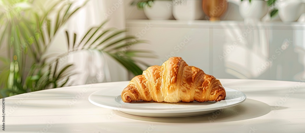 Poster croissant pastry displayed on a white table in a bright and inviting setting ideal for recipes artic